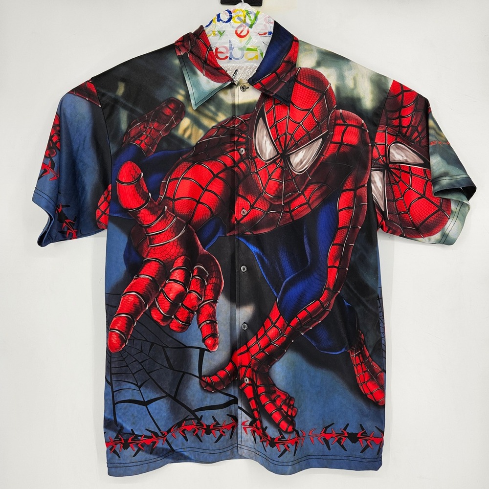 Vintage Spider Man Button Up Shirt Mens Large Movie Promo All Over Print Y2K